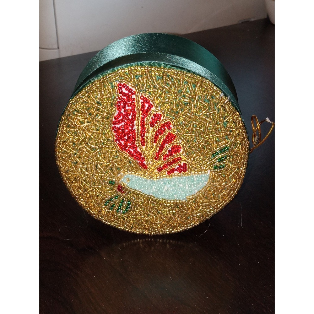 Vtg Green Trinket/Jewelry Box‎ Gold Beaded Dove Bird Ornament